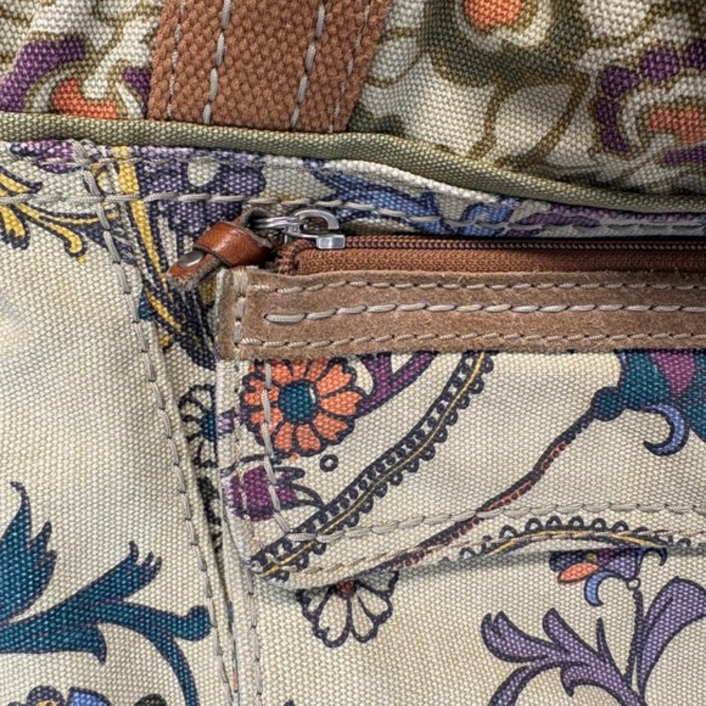 Fossil Canvas Shoulder‎ Bag Paisley Floral Print Leather Trim Zipper Taupe Green - Picture 3 of 8